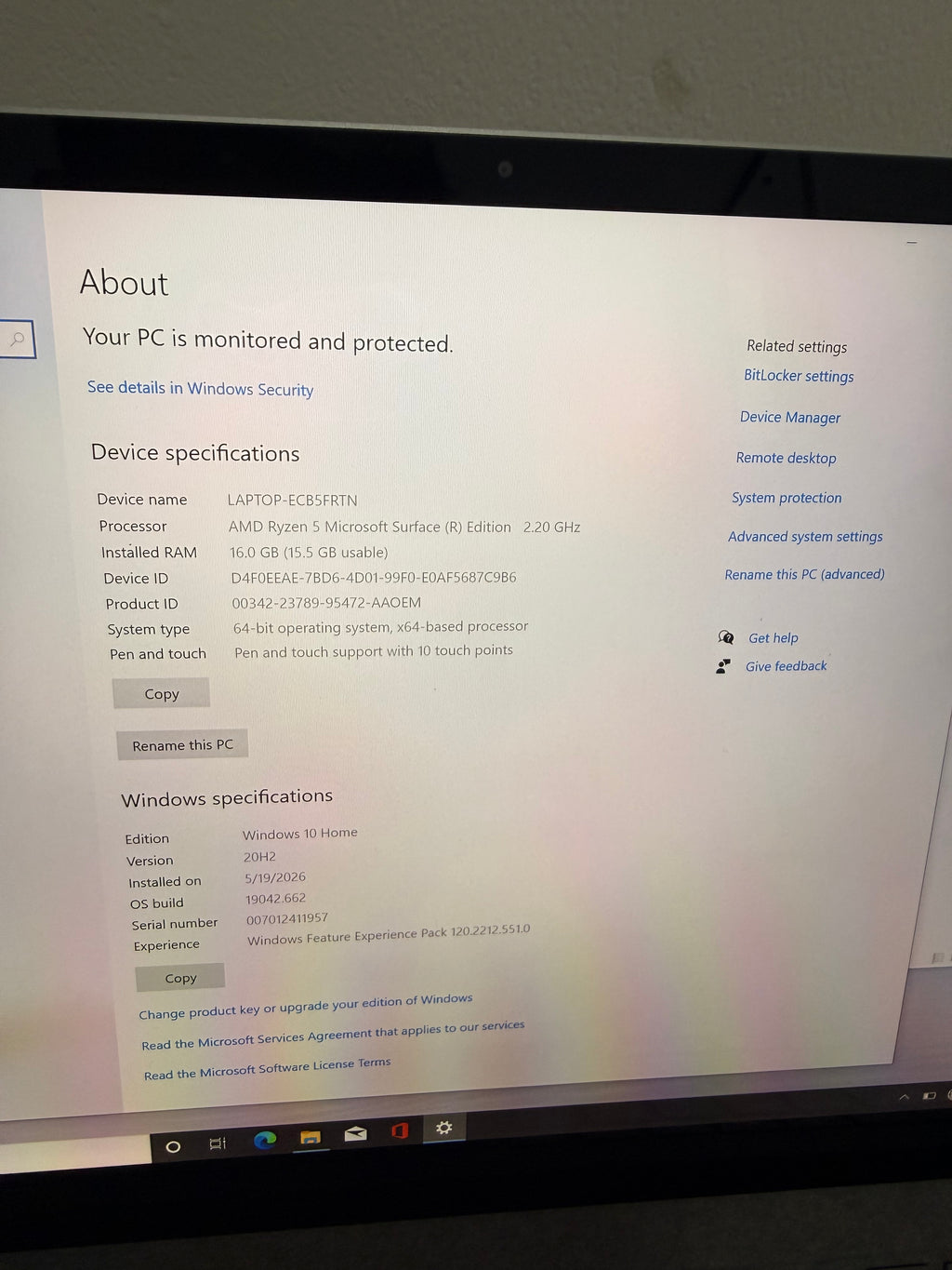 Surface Laptop 4 - Ryzen 5 2.20 GHz. 256GB & 8RAM - Silver de 13 pulgadas (Clasificación A)